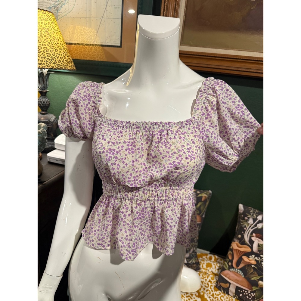 Lush Floral Puff Sleeve Peplum Top Purple White Ditsy Square Neck Tie‎ Back M